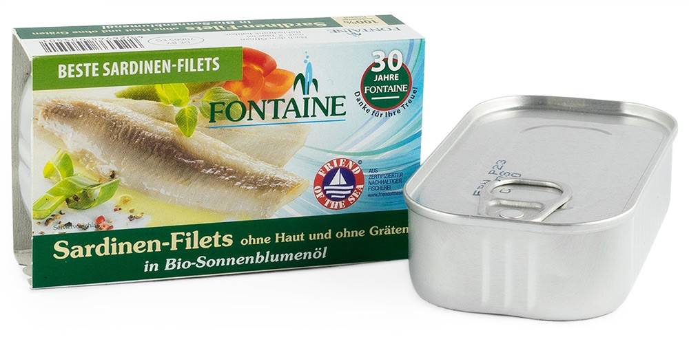 Sardine fara piele si fara oase, in ulei de floarea soarelui, eco-bio, 120g - Fontaine