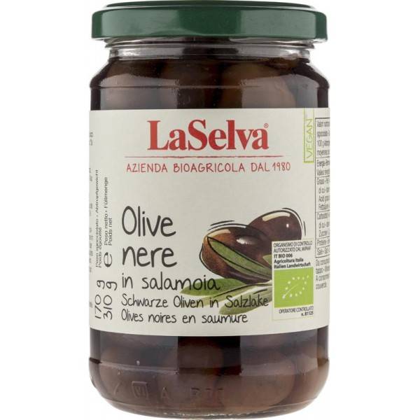 Masline negre cu samburi in saramura, eco-bio, 310g - La Selva