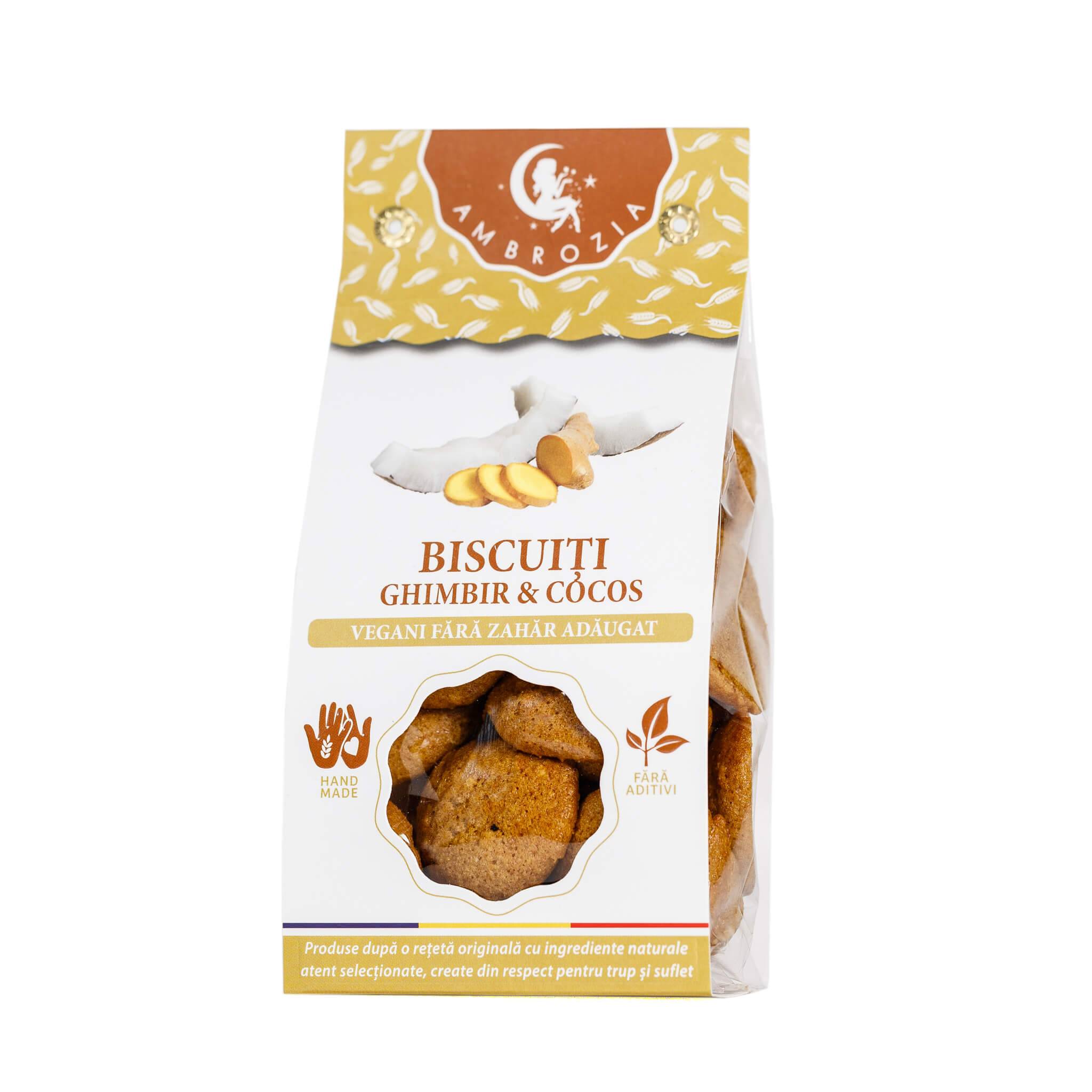 BISCUITI VEGANI CU GHIMBIR SI COCOS, fara zahar – 130g, - Hiper Ambrozia