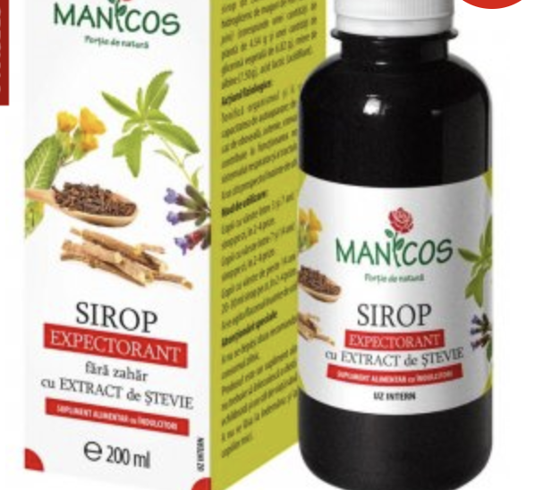 Sirop expectorant fara zahar cu lemn-dulce, cuisoare si extract de stevie 200ml - Manicos