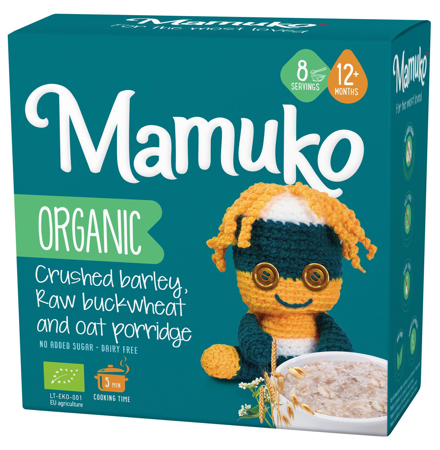 Porridge din 3 cereale cu fulgi de ovaz, hrisca si orz, eco-bio, 12+ luni, 200g Mamuko