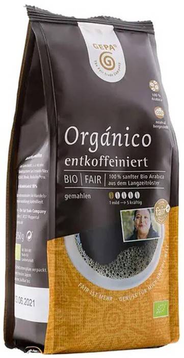 Cafea fairtrade macinata Organico, decofeinizata Eco-Bio 250g - Gepa