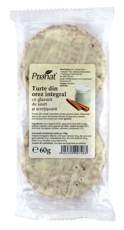 Turte din orez integral cu glazura de iaurt si scortisoara, 60 g, Pronat