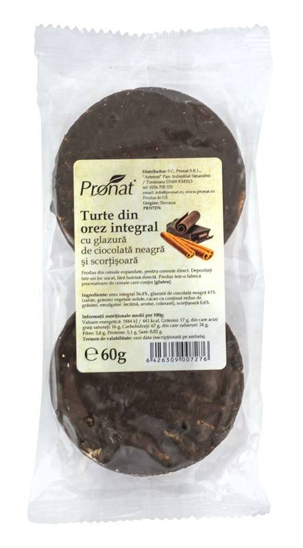 Turte din orez integral cu glazura ciocolata neagra si scortisoara, 60 g, Pronat