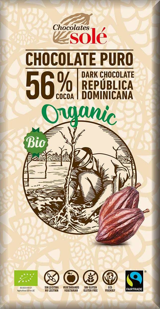 Ciocolata neagra 56% cacao Eco-Bio 100g - Sole