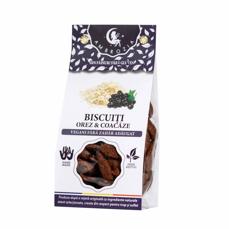 BISCUITI VEGANI CU OREZ SI COACAZE, fara zahar - 130g - Hiper Ambrozia