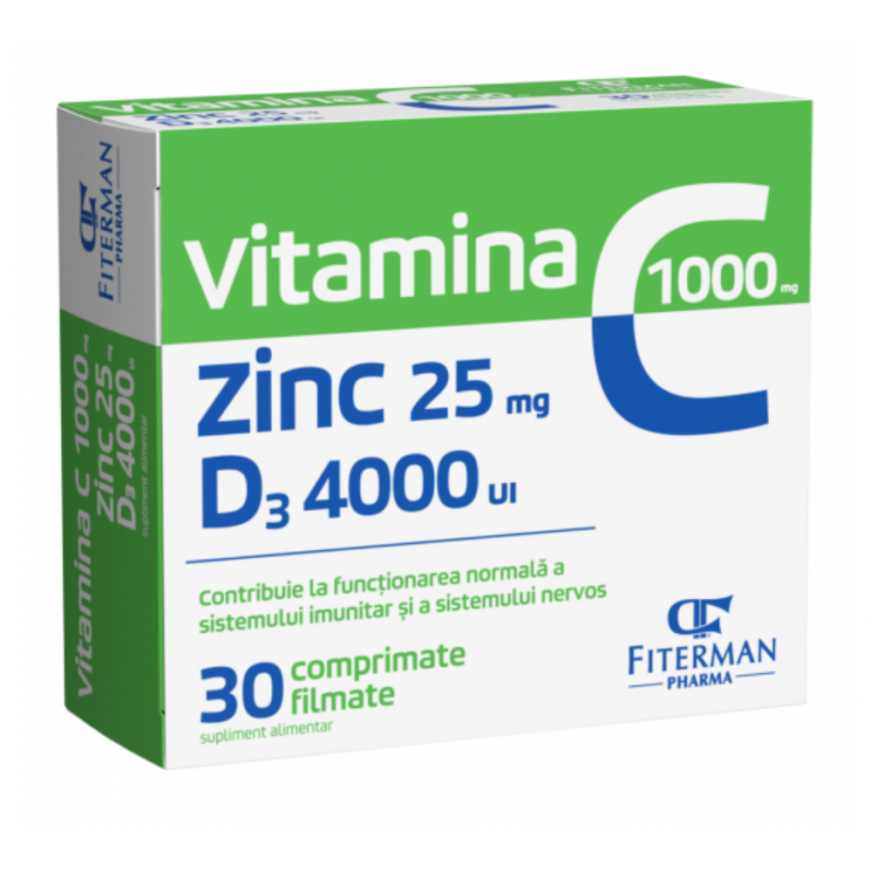 vitamina c cu zinc si d3 efervescent Vitamina C 1000mg, Zinc 25mg si D3 4000UI, 30cpr - Fiterman