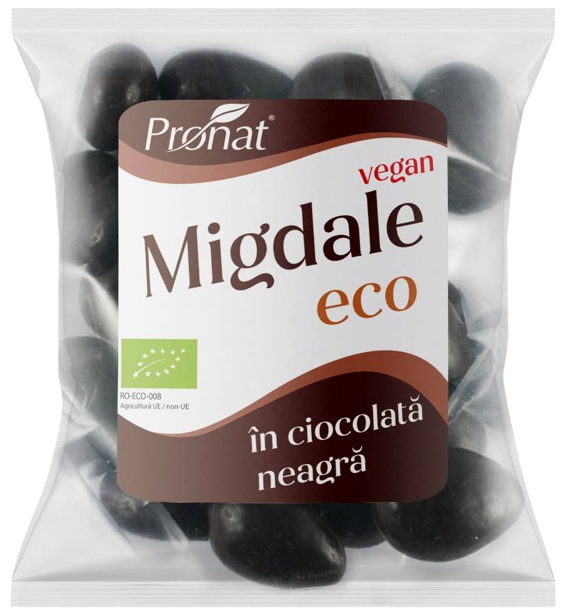 Migdale prajite, sarate si glazurate in ciocolata neagra Eco-Bio 50g - Pronat