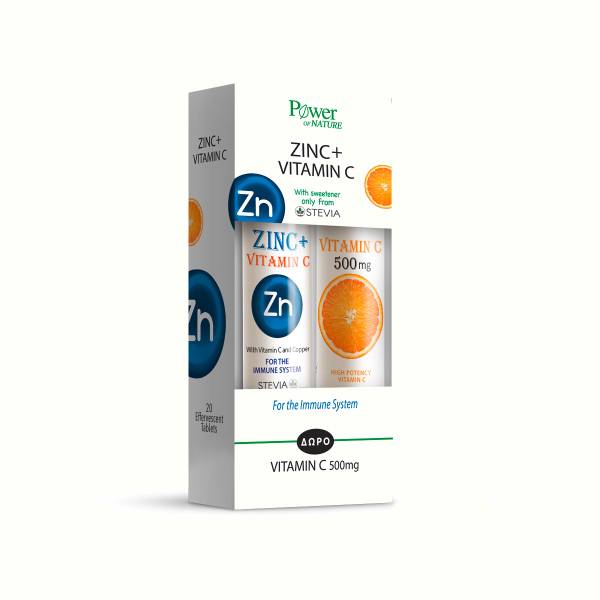 Pachet Zinc cu Vitamina C 500 mg cu stevia, 20 tablete + Vitamina C 500 mg, 20 tablete efervescente, Power of Nature