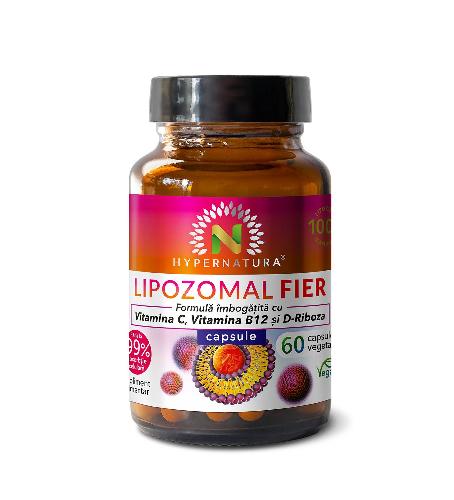 Fier + Vit.C + Vit.B12 + D + D-Riboza Lipozomal, 60 cps, Hyperfarm