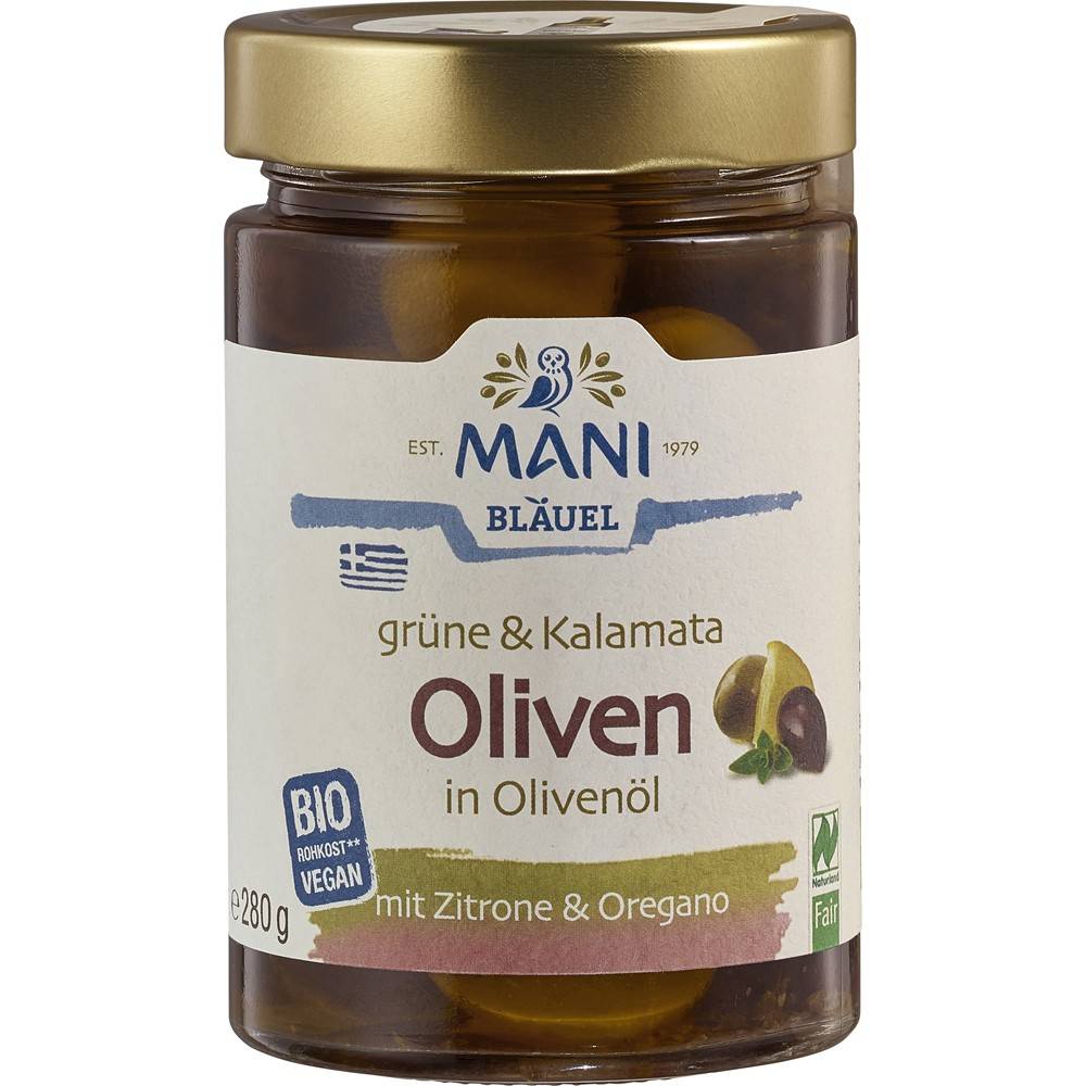 Masline verzi si Kalamata in ulei cu lamaie si oregano, eco-bio, 280 g, Mani