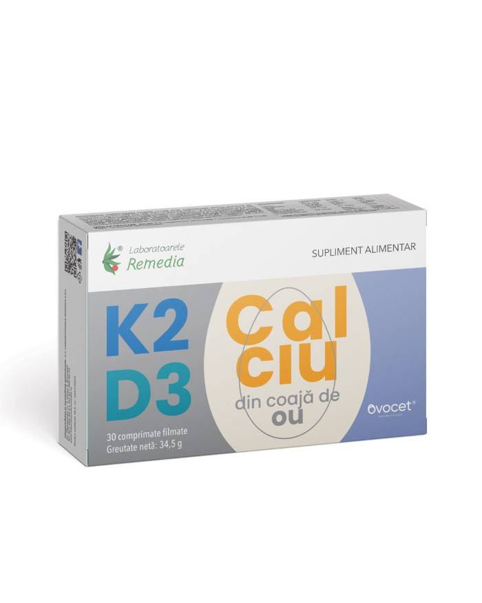 Vitamina K2 + D3 + CALCIU (DIN COAJA OU) 30CPR FILMATE REMEDIA