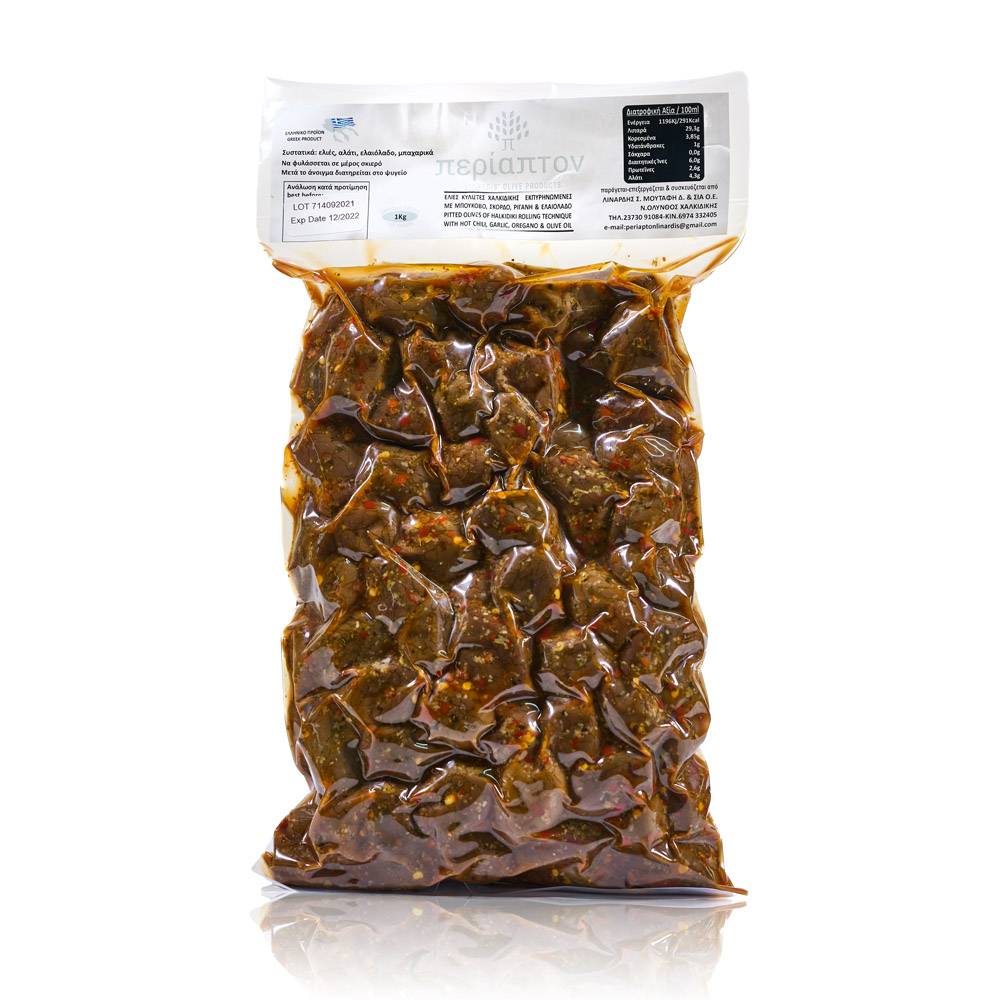 Masline Halkidiki fara samburi, aromatizate cu chili, usturoi, oregano, 1 kg, Linardis