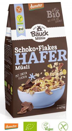 Musli cu fulgi si picaturi de ciocolata Fara Gluten, Eco-Bio 425g - BauckHof