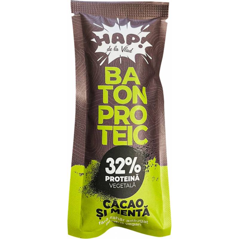 Baton proteic cu cacao si menta, 32% proteine, raw vegan, 45g - HAP!