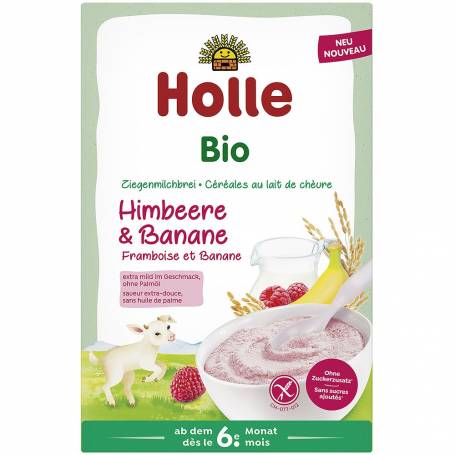 Terci cu lapte de capra, banane si zmeura, fara gluten, pentru copii, +6 luni eco-bio, 200g - Holle