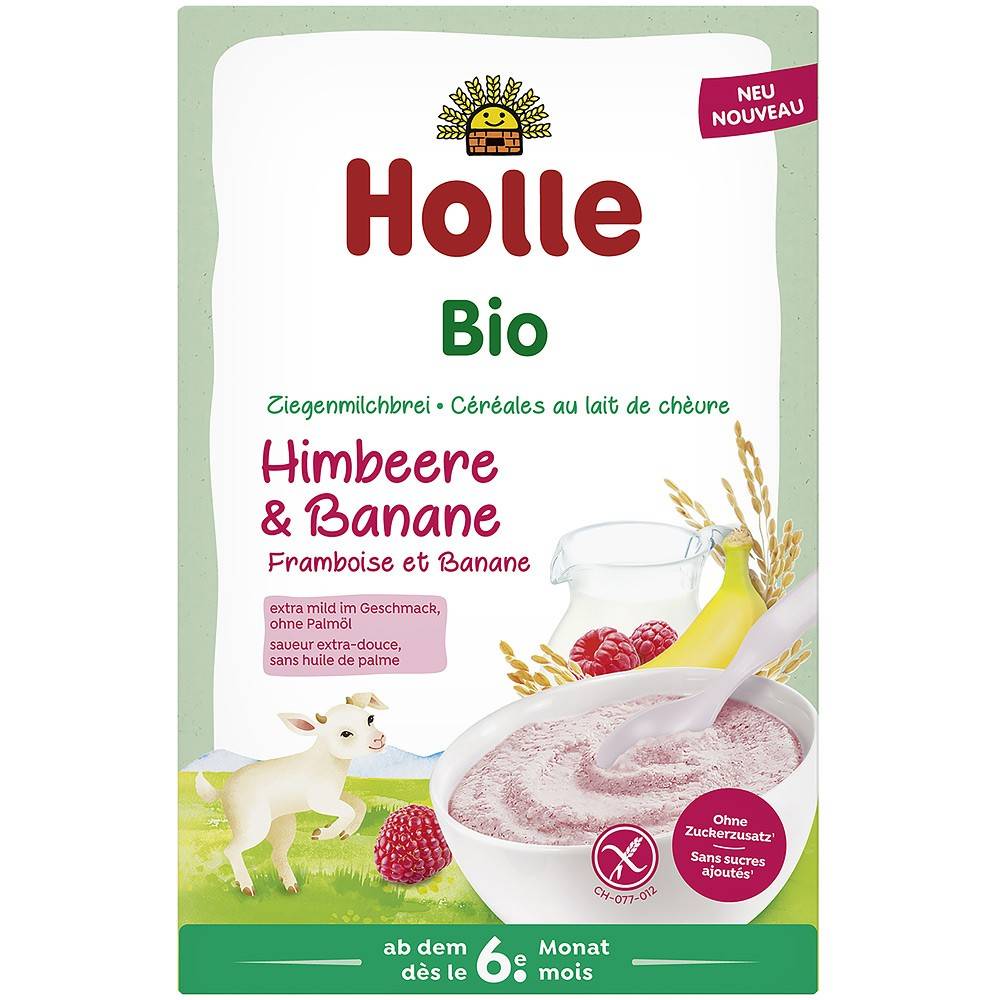 Terci cu lapte de capra, banane si zmeura, fara gluten, pentru copii, +6 luni eco-bio, 200g - Holle