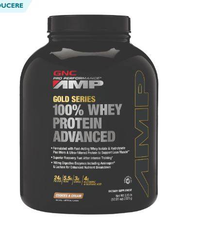 Gold Series 100% Whey Protein Advanced, Proteina din Zer, cu Aroma de Biscuiti si Frisca, 2325g - GNC AMP