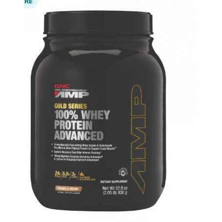 Gold Series 100% Whey Protein Advanced, Proteina din Zer, cu Aroma de Biscuiti si Frisca, 930g - GNC AMP