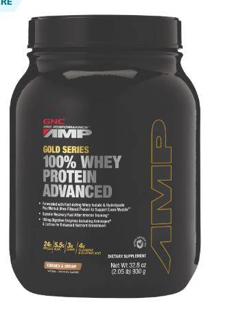 Gold Series 100% Whey Protein Advanced, Proteina din Zer, cu Aroma de Biscuiti si Frisca, 930g - GNC AMP