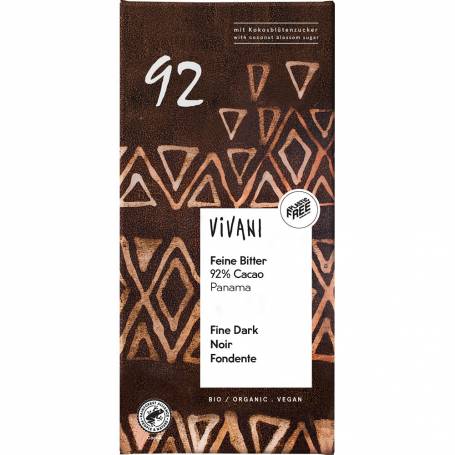 Ciocolata amaruie 92 % cacao si zahar de cocos, vegana, eco-bio, 80 g, Vivani