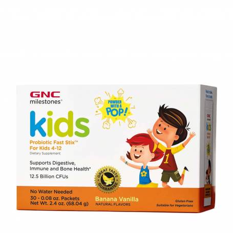 Milestones® Kids Microbio Complex Fast Stix, Probiotice pentru Copii 4+ Ani cu Aroma de Vanilie si Banane, 30 Plicuri - GNC