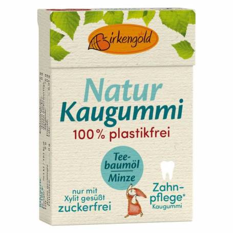 Guma de mestecat naturala cu xilitol, Tea Tree si menta, 28g, Birkengold