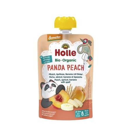 Panda Peach - Piure de piersici, caise si banane, cu spelta pentru copii, + 8 luni, eco-bio, 100 g, Holle