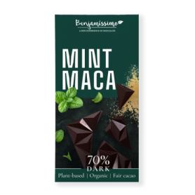 Ciocolata neagra 70% cacao, cu menta si maca, eco-bio, 60g, Benjamissimo