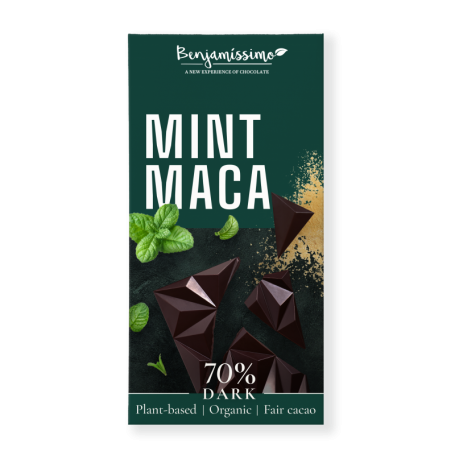 Ciocolata neagra 70% cacao, cu menta si maca, eco-bio, 60g, Benjamissimo