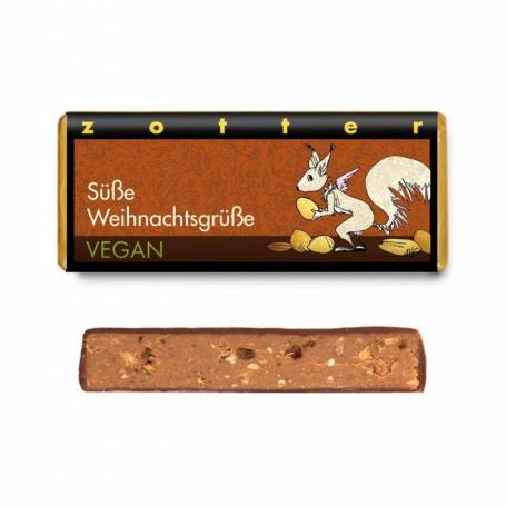 Ciocolata neagra vegana umpluta cu praline de alune de padure „Dulci urari de Craciun”, eco-bio, 70 g, Zotter