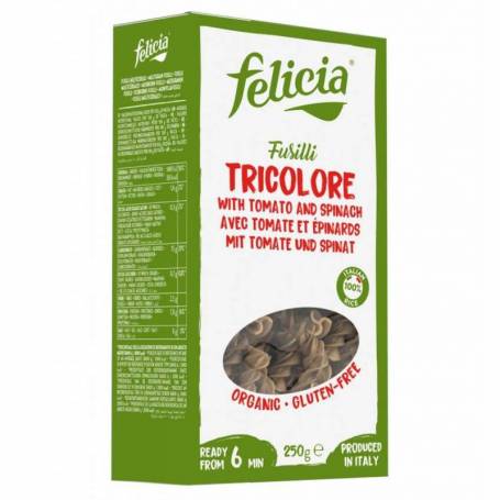 Fusilli tricolore - paste fara gluten din faina de orez, eco-bio, 250 g, Felicia