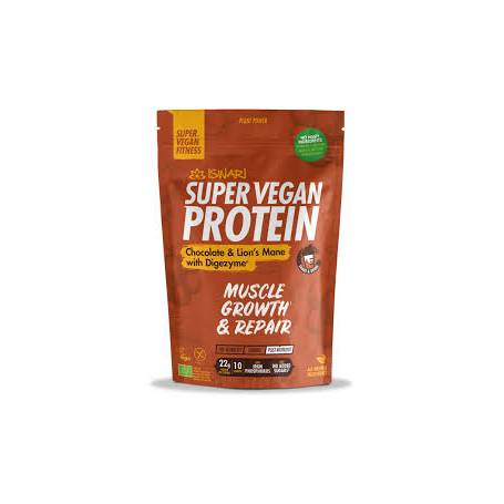 Pulbere proteica ciocolata si coama de leu cu DigeZyme, dupa efort, Super Vegan Protein, eco-bio, 400 g, Iswari