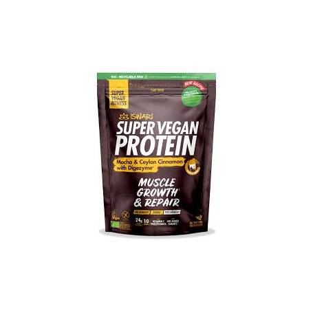 Pulbere proteica cu mocha si scortisoara Ceylon cu DigenZyme, dupa efort, Super Vegan Protein, eco-bio, 400 g, Iswari