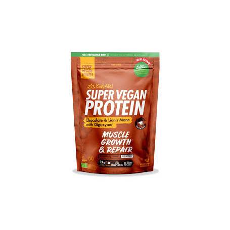 Pulbere proteica ciocolata si coama de leu cu DigeZyme, dupa efort, Super Vegan Protein, eco-bio, 875 g, Iswari