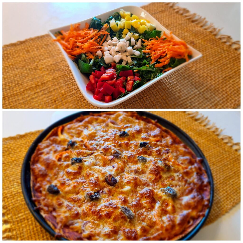 pizza cu blat din faina integrala si o salata de cruditati